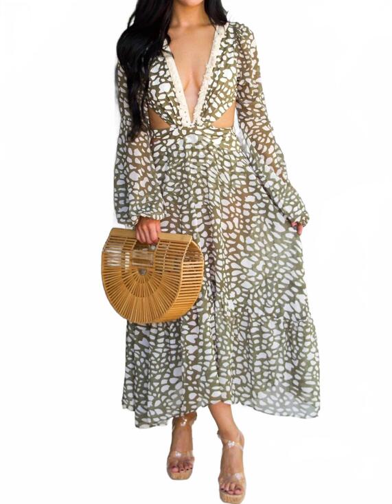 LUXXEL Dresses & Skirts - NEW LUXXEL sunkissed riviera cutout printed open back dress in olive